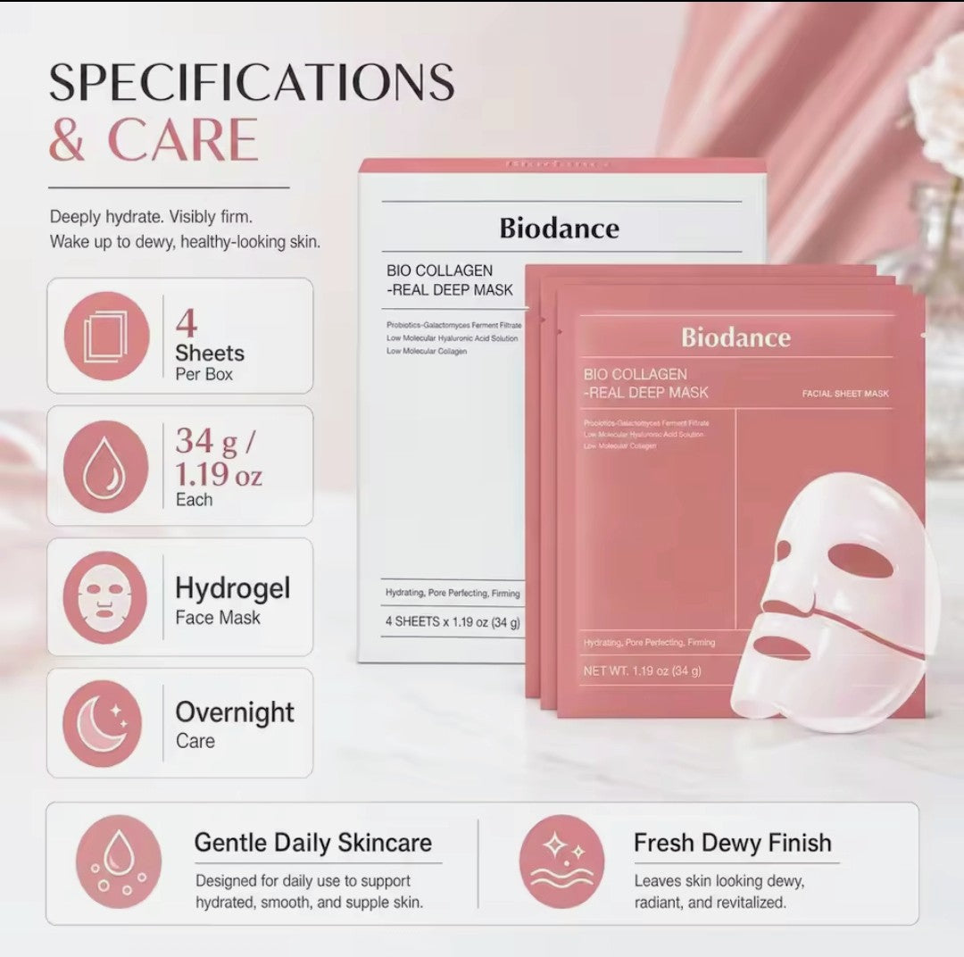 BIODANCE; Korean Bio-Collagen Real Deep Mask, Bestselling Hydrating Overnight Hydrogel Mask for Glassy Glowy Skin, Pore Minimizing, Elasticity Improvement, Paraben Free, Fragrance Free, Non-Comedogenic 34g x 4ea