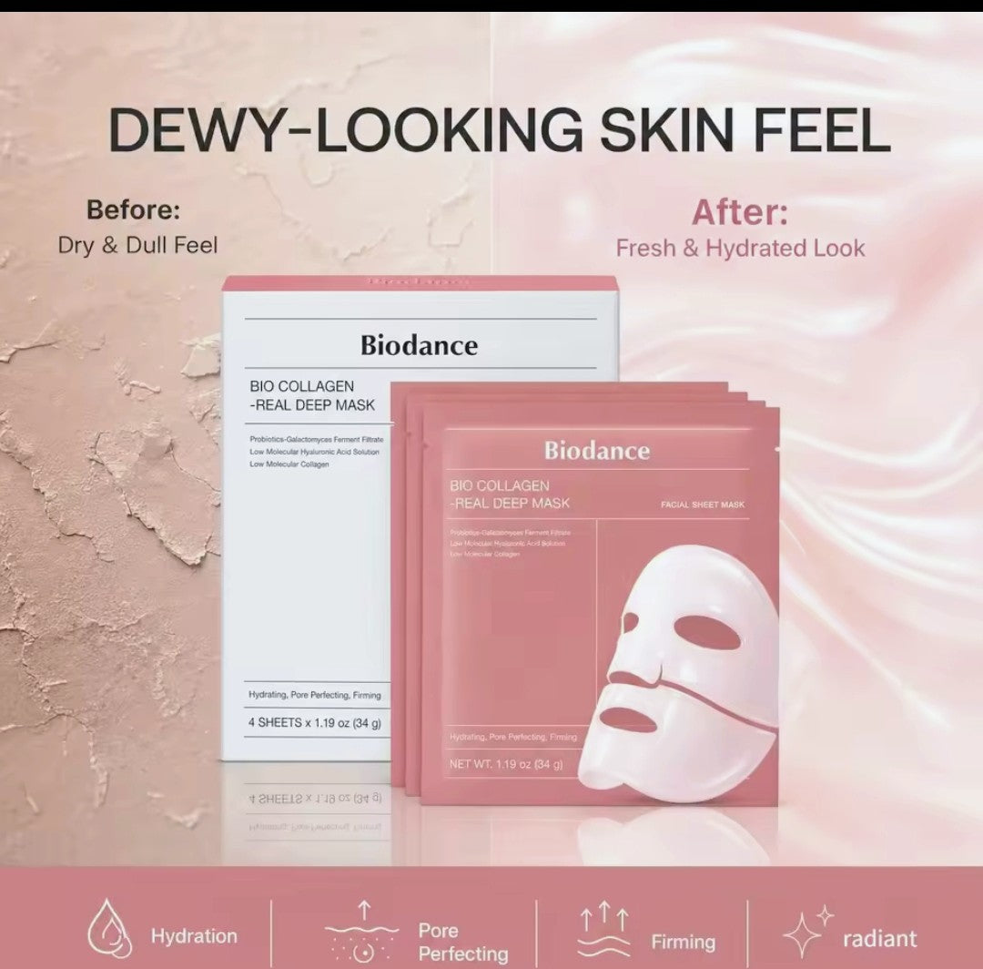 BIODANCE; Korean Bio-Collagen Real Deep Mask, Bestselling Hydrating Overnight Hydrogel Mask for Glassy Glowy Skin, Pore Minimizing, Elasticity Improvement, Paraben Free, Fragrance Free, Non-Comedogenic 34g x 4ea