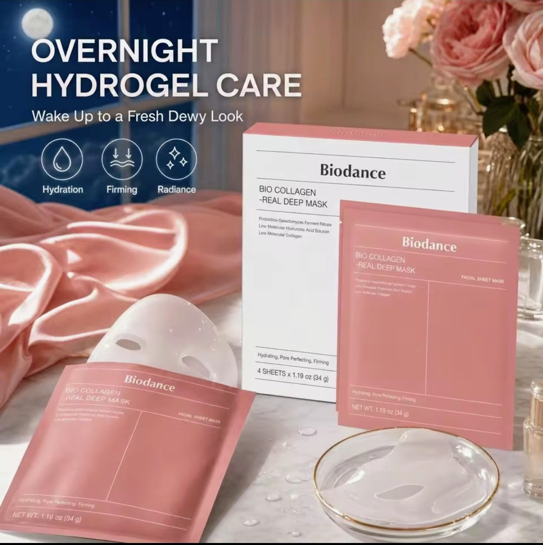 BIODANCE; Korean Bio-Collagen Real Deep Mask, Bestselling Hydrating Overnight Hydrogel Mask for Glassy Glowy Skin, Pore Minimizing, Elasticity Improvement, Paraben Free, Fragrance Free, Non-Comedogenic 34g x 4ea