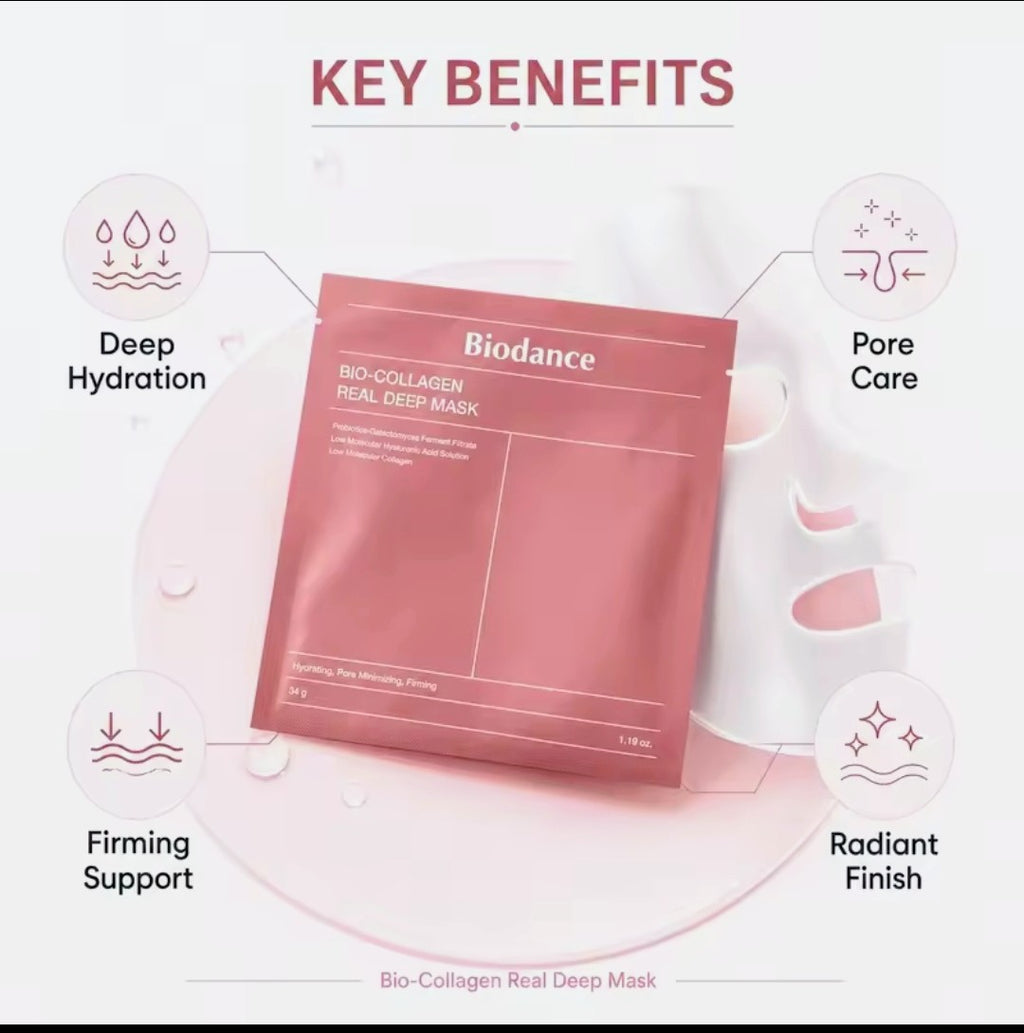 BIODANCE; Korean Bio-Collagen Real Deep Mask, Bestselling Hydrating Overnight Hydrogel Mask for Glassy Glowy Skin, Pore Minimizing, Elasticity Improvement, Paraben Free, Fragrance Free, Non-Comedogenic 34g x 4ea