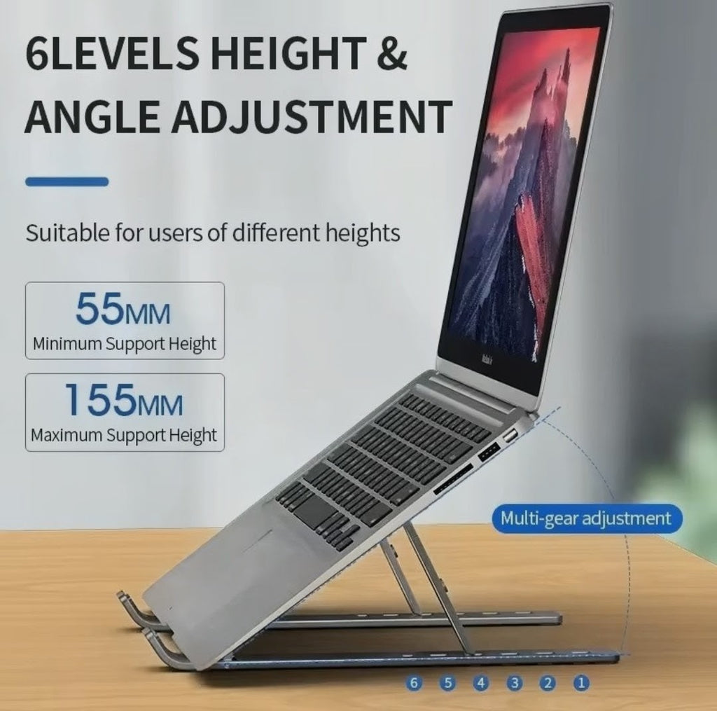 Premium Adjustable Aluminum Laptop Stand – 6-Level Ergonomic Foldable Cooling Stand